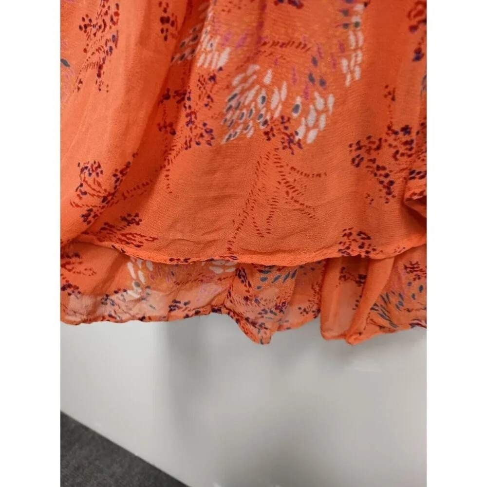 Free People Mini Dress Womens Small Orange Floral Boho Smocked Waist Long Sleeve - Picture 9 of 10
